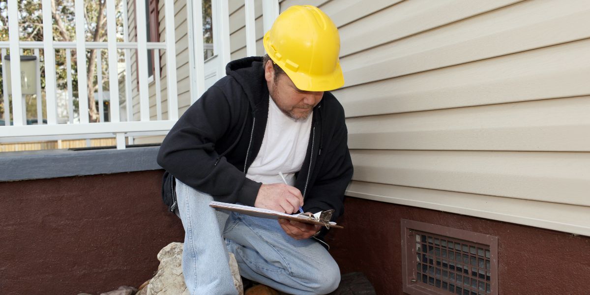 home inspector yellow hardhat checking outside home