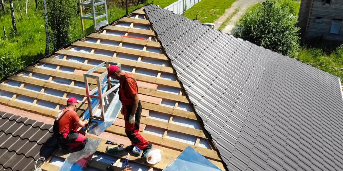 Two workers in red uniforms installing a metal roof on a house with wooden framing exposed.