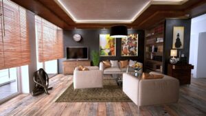 Real estate agent stands in a bright, modern farmhouse living room, presenting data on a tablet to illustrate the use of A...